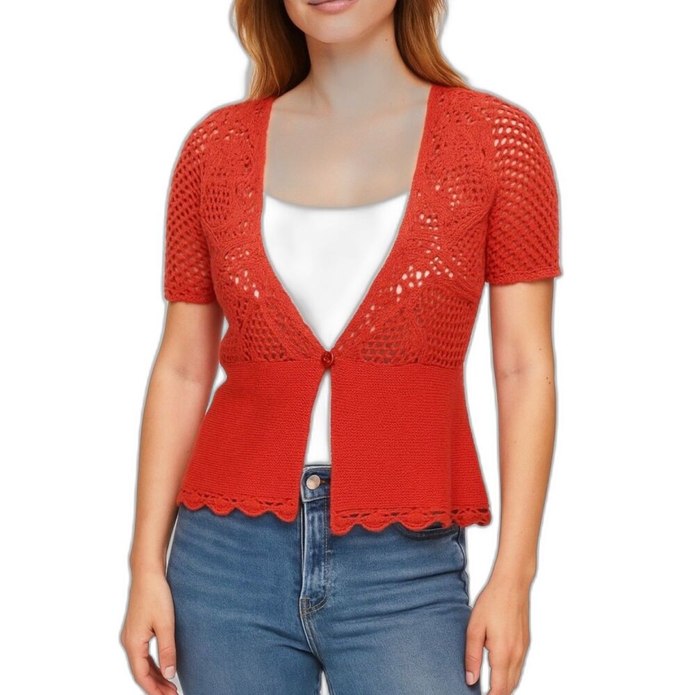 Coldwater Creek Orange Open Floral Crochet SS Boho Chic Cardigan Sweater Size S